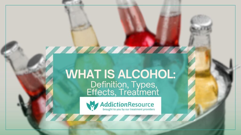 Illustration representing alcohol, including various alcoholic beverages and information about alcohol's effects, risks, and treatment options.
