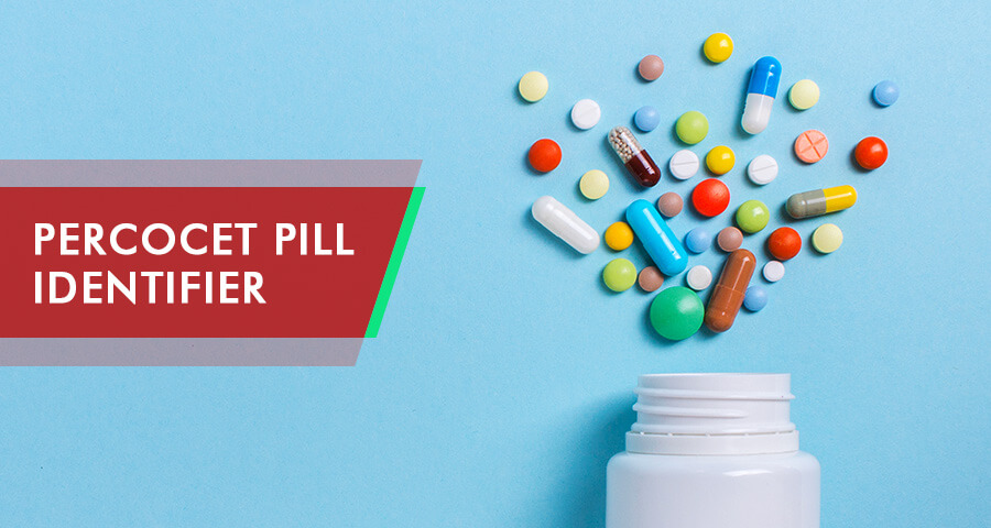 Assorted prescription pills and capsules pouring from a medicine bottle, illustrating a Percocet pill identification resource.