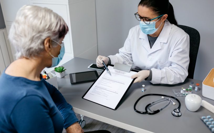 Doctor shows a list of Restoril precautions.
