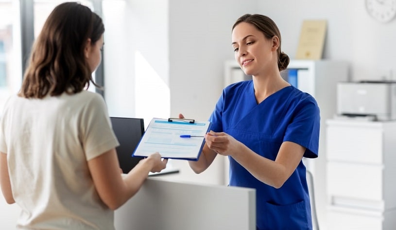 Woman applying for a stay in a methadone clinic.